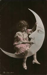 Girl on Crescent Moon, French Postcard Postcard