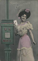 Woman Mailing Letter at US Mailbox - Vintage Postcard Postal Postcard Postcard