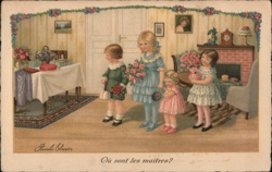 Children with Flowers & Gifts, Vintage Birthday Party Scene Postcard Pauli Ebner Postcard Postcard