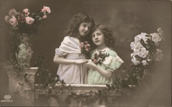 Two Girls with Flowers - Hand-Tinted Vintage Portrait Postcard Postcard