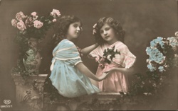 Two Girls with Flowers, Antique Colorized Portrait Postcard Postcard