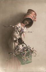 Girl with Flower Basket, Pink Dress & Hat - Vintage Postcard Postcard Postcard