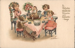 Children's Birthday Party with Dachshund - Vintage Illustration Postcard