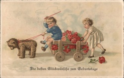 Children with Rose Cart & Teddy Bear, German Birthday Greeting Postcard