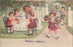 Children's Garden Party, Bonne Année Greeting, Vintage Postcard Postcard