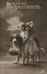 Little Girl & Dog with Flower Baskets - Sepia Real Photo Postcard Dogs Postcard Postcard