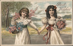 Two Girls with Flowers - Embossed Postcard - Best Wishes Postcard