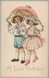 Joyful Birthday Children with Parasol Vintage Postcard Postcard