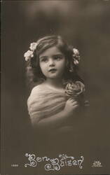 Charming Girl with Roses - Sepia Portrait - Vintage Postcard Girls Postcard Postcard