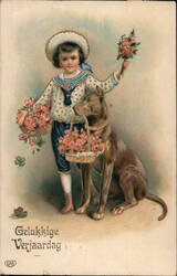 Boy with Dog and Flowers, Dutch Birthday Greeting Postcard Postcard Postcard