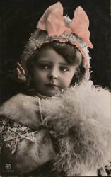 Adorable Girl in Winter Outfit - Pink Bow & Fur - Vintage Portrait Postcard