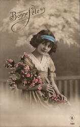 Girl with Flowers, Bonne Fete French Postcard, c. 1910s Postcard Postcard