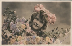 Smiling Girl with Pink Bonnet & Colorful Flowers - Stebbins Postcard Girls Postcard Postcard