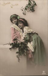 Two Girls with Holly, Bonne Année French New Year Postcard Postcard