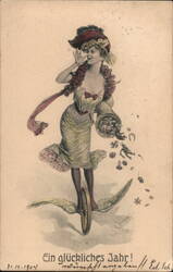 Happy New Year Lady on Unicycle Postcard