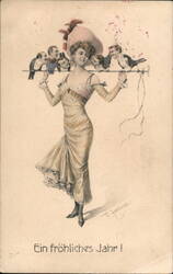 Woman with Birds, Ein fröhliches Jahr! Postcard