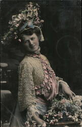 Young Woman with Flower Basket Women Postcard Postcard Postcard