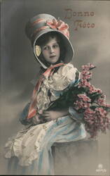 Girl in Fancy Hat with Flowers - Bonne Fete Greeting Postcard