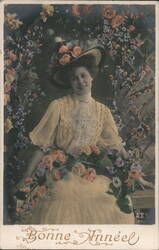 Beautiful Woman in Floral Hat & Dress - Bonne Année - French Postcard Beautiful Ladies Postcard Postcard