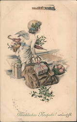 Cherubic Angel with Luggage, Train in Background - Vintage New Year's Greeting Postcard