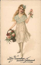 Vintage Birthday Girl with Roses & Basket - German Postcard Postcard