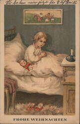 Little Girl Praying with Doll, Vintage German Christmas Postcard Children Postcard Postcard