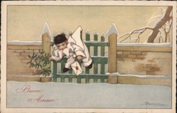 Child in Pierrot Costume Climbing Gate, Buon Anno, Snowy Scene Postcard