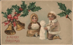 Two Children with Snowman, Holly & Bells - Merry Christmas Postcard Postcard Postcard