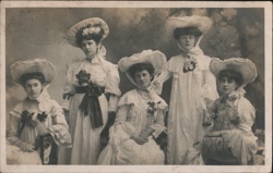 Five Women in White Dresses and Hats - Edwardian Fashion Postcard