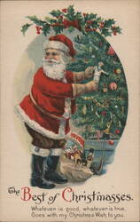 Santa Decorates Christmas Tree with Sailor Ornament - Vintage Holiday Scene Santa Claus Postcard Postcard Postcard