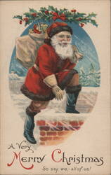 Santa Claus on Rooftop with Toys - Vintage Christmas Illustration Postcard Postcard Postcard