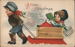 Children with Sled and Gifts - Christmas Greeting Postcard Postcard Postcard