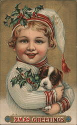 Christmas Boy with Puppy & Holly, Gold Background Children Postcard Postcard Postcard