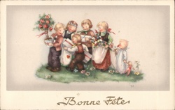 Children with Gifts, Bonne Fête Greeting, Vintage French Postcard Postcard