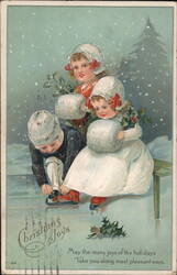 Children Ice Skating, Winter Scene - Christmas Postcard Postcard Postcard