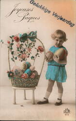 Little Girl with Easter Basket and Balls - Vintage Color Postcard With Children Postcard Postcard