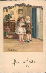 Children Exchanging Flowers, Bonne Fête Postcard