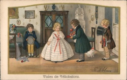 Children in Formal Wear, Congratulatory Visit - Vintage Illustration Postcard