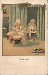 Children Putting Doll to Bed, Bonne Nuit, Illustrated by Pauli Ebner Postcard