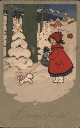 Little Girl with Dog in Snowy Village - Winter Holiday Scene Children Pauli Ebner Postcard Postcard Postcard