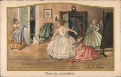 Antique French Postcard - Children at Dressmaker's Shop Postcard