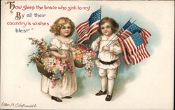 Patriotic Children with Flags & Flowers - Vintage Illustration Postcard