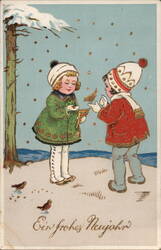 Children Feeding Birds in Winter Snow, Germany Postcard