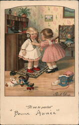 Two Little Girls Playing Telephone, Vintage Children's Postcard Pauli Ebner Postcard Postcard