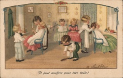 Antique Children's Hair Salon Postcard - Playful Scene Barbers Pauli Ebner Postcard Postcard