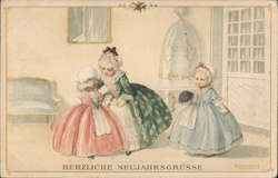 Three Girls in Fancy Dress, New Year's Greeting, Vintage Postcard Postcard