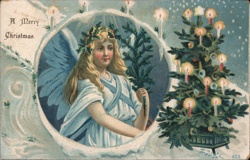 Christmas Angel with Holly Crown and Lit Christmas Tree Angels Postcard Postcard Postcard