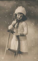 Bonne Annee: Girl with Sled, Winter Holiday Scene Postcard