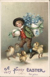 Boy with Easter Egg Basket & Chicks - Vintage Easter Postcard With Chicks Ellen Clapsaddle Postcard Postcard