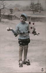 Boy on Roller Skates with Gift & Holly, Bonne Année, France Postcard Postcard Postcard